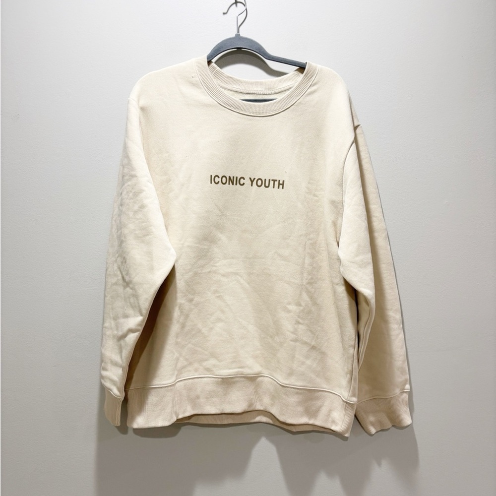 OAK + FORT Men’s NEW Iconic Youth Graphic Crewneck Sweatshirt Fog Cream Beige L